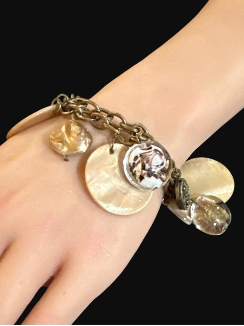 Charm Bracelet Gold Tone Glass Beads Mother of Pearl Discs Seashell Adjustable